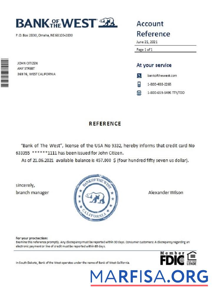 Downloadable USA Bank of the West reference template